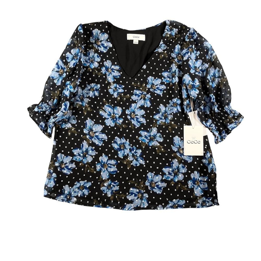 CeCe Womens Floral Dot V Neck Short Puff Sleeve Blouse Top Size Small Blue Black